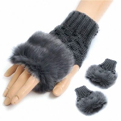 Hiuwa 1 Pair Wool Blend Faux Rabbit Fur Women Fingerless Gloves Knitted Crochet Winter Gloves Warm Mittens Femme for Lady Girls Dark Grey