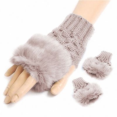 Hiuwa 1 Pair Wool Blend Faux Rabbit Fur Women Fingerless Gloves Knitted Crochet Winter Gloves Warm Mittens Femme for Lady Girls Khaki