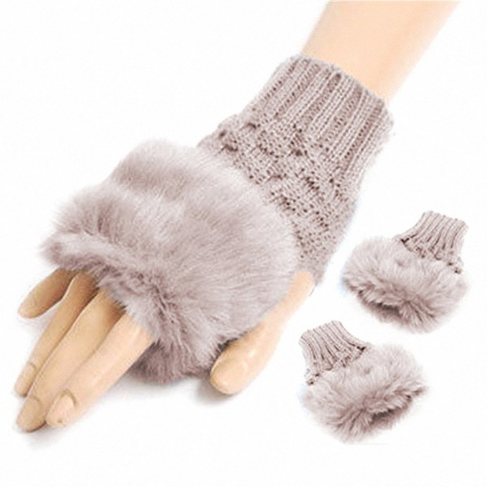 Hiuwa 1 Pair Wool Blend Faux Rabbit Fur Women Fingerless Gloves Knitted Crochet Winter Gloves Warm Mittens Femme for Lady Girls Khaki
