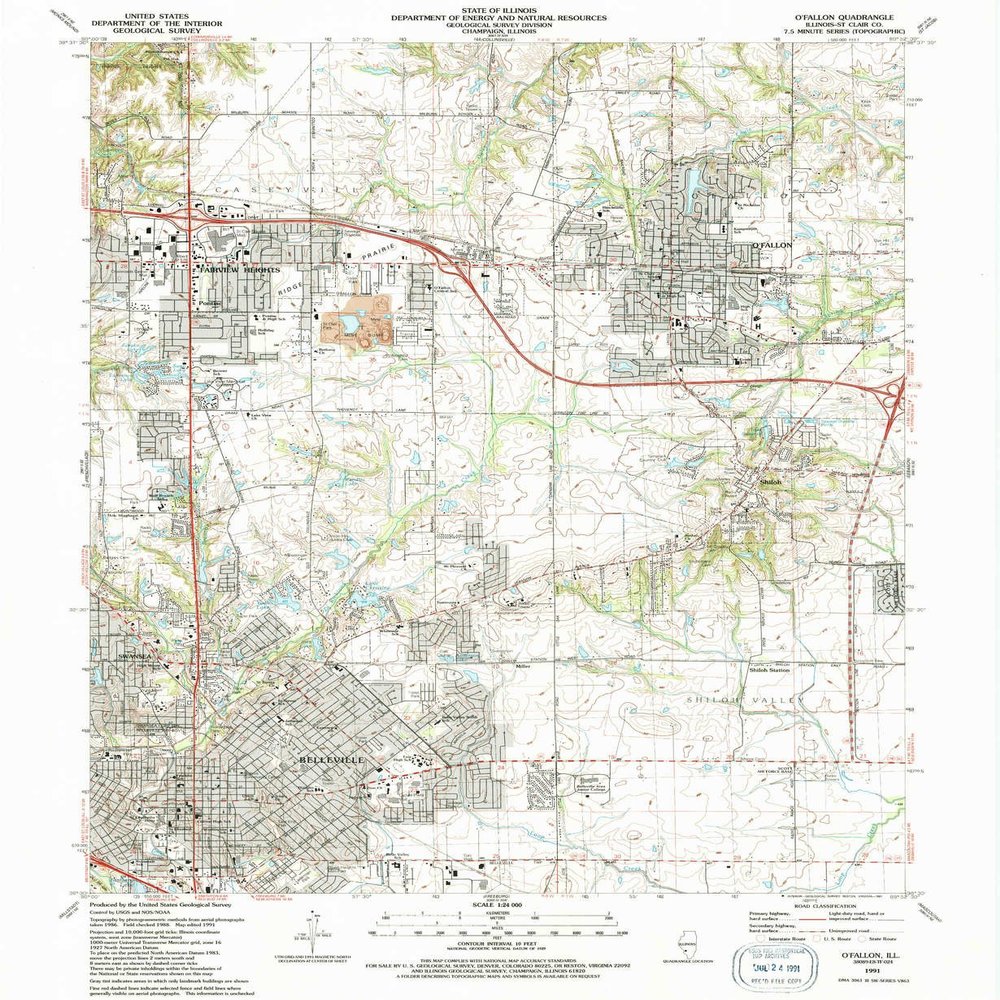 O Fallon IL topo map, 1:24000 Scale, 7.5 X 7.5 Minute, Historical, 1991, Updated 1991, 26.8 x 21.9 in - Tyvek