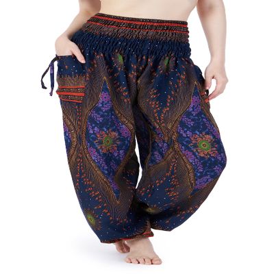 Lannaclothesdesign Women's Smocked Waist Boho Flowy Yoga Harem Pants Hippie Clothes (M, Dark Blue)