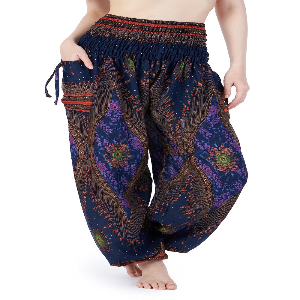 Lannaclothesdesign Women's Smocked Waist Boho Flowy Yoga Harem Pants Hippie Clothes (M, Dark Blue)