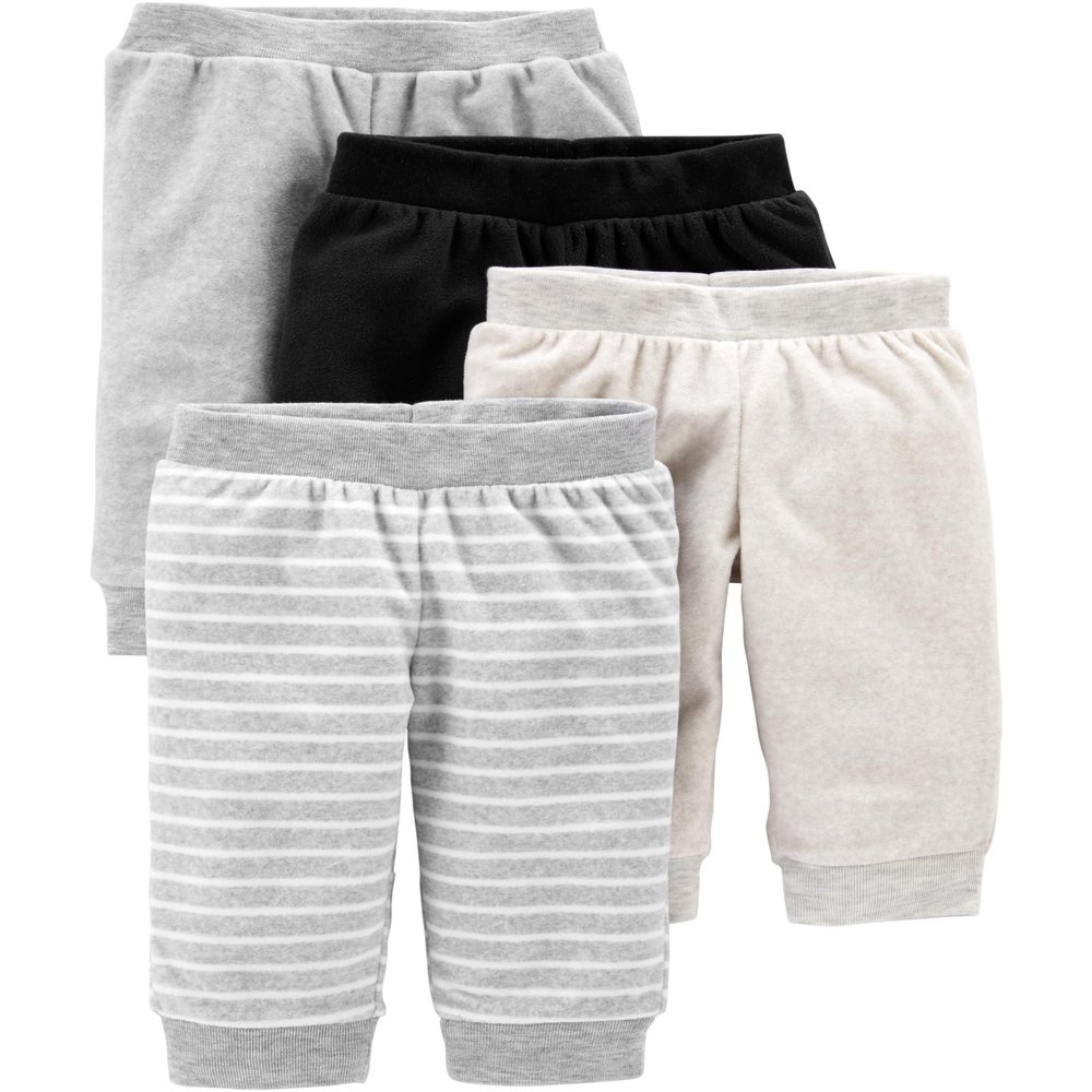 Simple Joys by Carter's Baby 4-Pack Neutral Fleece Pants, light grey/dark grey/grey stripes/black, 3-6 Months