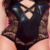 Music Legs Wet Look Halter Teddy with Side Lace Panels(Headband Not Included) (Small) Black view 4
