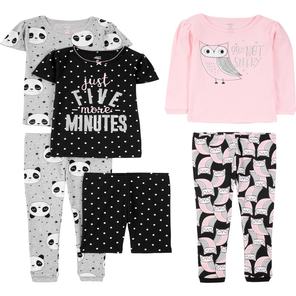 Simple Joys by Carter's Toddler Girl's 6-Piece Snug Fit Cotton Pajama Set Sleepwear, owl/panda/dot, 5T