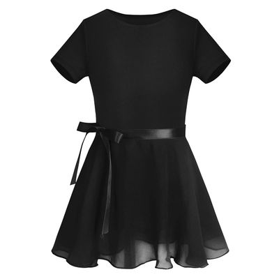 CHICTRY Girls Kids Basic Team Short Sleeved Wrap-Around Skirt Leotard Dance Ballet Tutu Dress Black 3-4