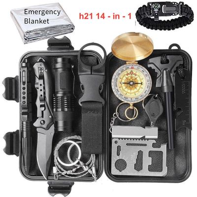 h21 Tactical 14-in-1 Survival Kit, Emergency Outdoor Multi Professional Tools for Wilderness Disaster, Camping, Hiking, Climbing gear, Para-cord Bracelet, Flashlight, Knife, Wiresaw, Pen, Compass