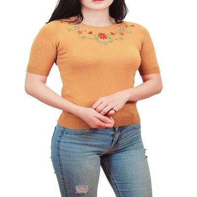 YEMAK Women's Knit Sweater Top  Half Sleeve Crewneck Flower Embroidered Basic Casual Classic Fit Lightweight Knitted Soft Pullover Tee MK3664EMBO-BRZ-M