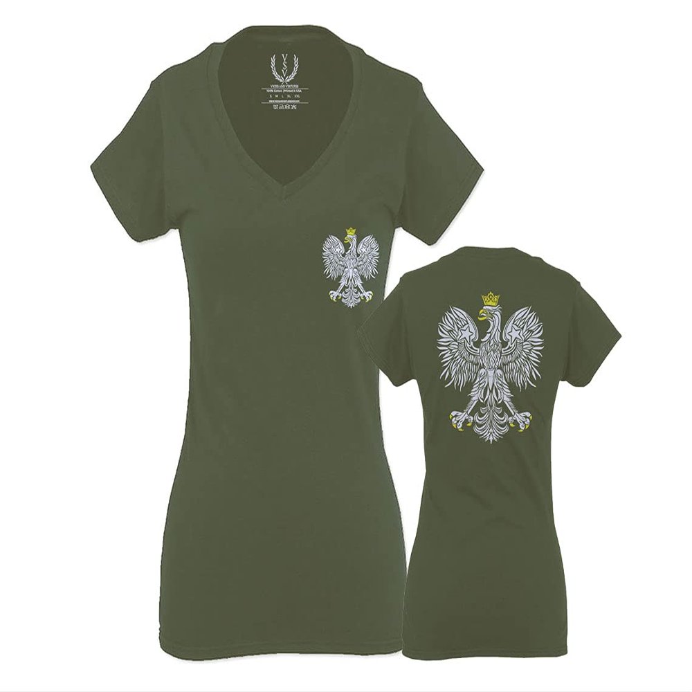 0083. Poland Pride Vintage Style Retro Polish Eagle Flag Polska Soccer for Women V Neck Fitted T Shirt (Olive Medium)
