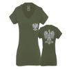 0083. Poland Pride Vintage Style Retro Polish Eagle Flag Polska Soccer for Women V Neck Fitted T Shirt (Olive, Small) view 1