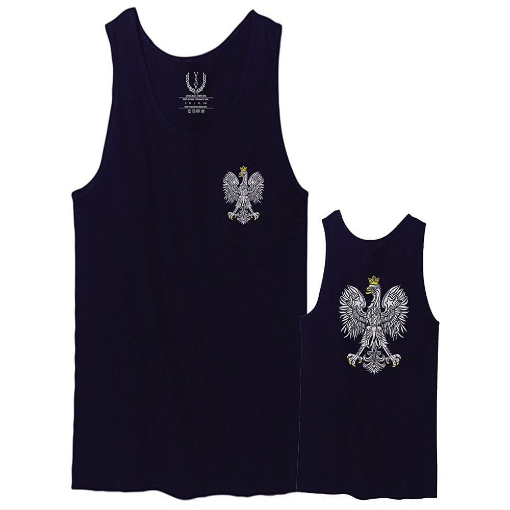 0083. Poland Pride Vintage Style Retro Polish Eagle Flag Polska Soccer Men's Tank Top (Navy Blue, Small)
