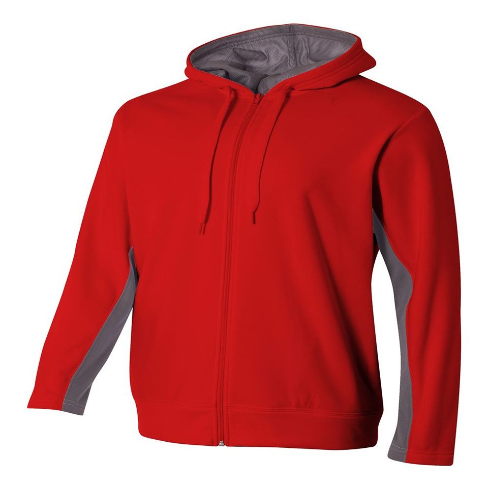 A4 Mens Full Zip Color Block Fleece Hoodie, Small, Scarlet/Graphite