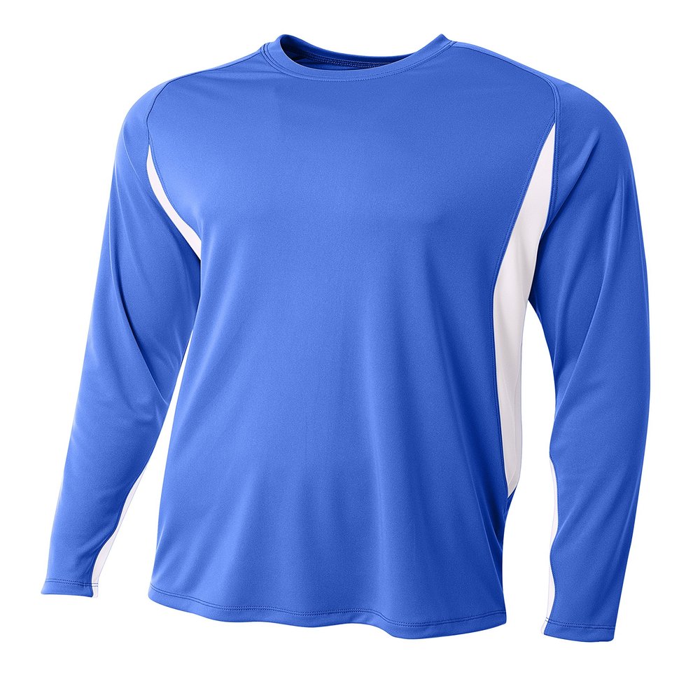 A4 Mens Long Sleeve Color Block Tee, Large, Royal/White