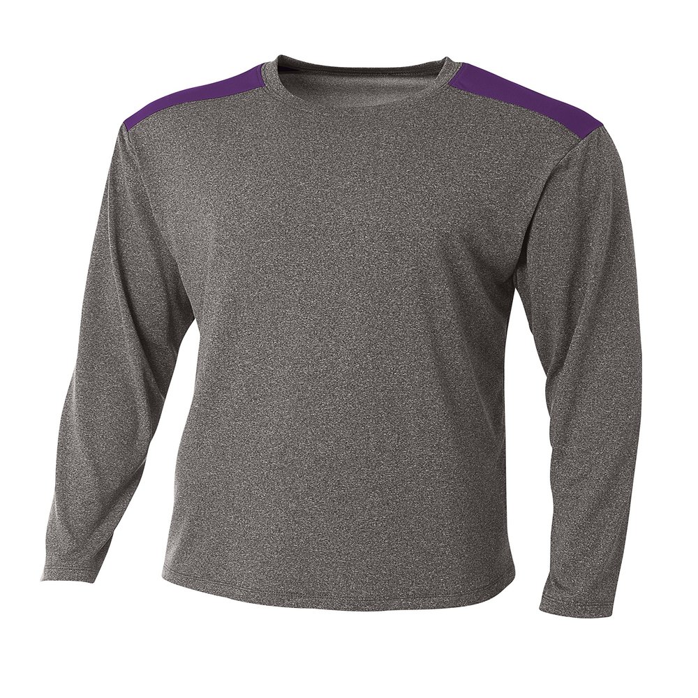 A4 Mens Tourney Heather Long Sleeve Color Block Shirt 3XL, Heather/Purple