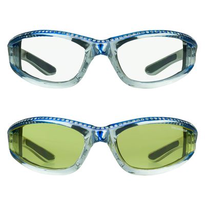 Bikershades Chrome Frame Anti Glare Mirrored Motorcycle Sunglasses with Rhinestones Foam Padded for Women (Blue Clear + Blue Yellow)