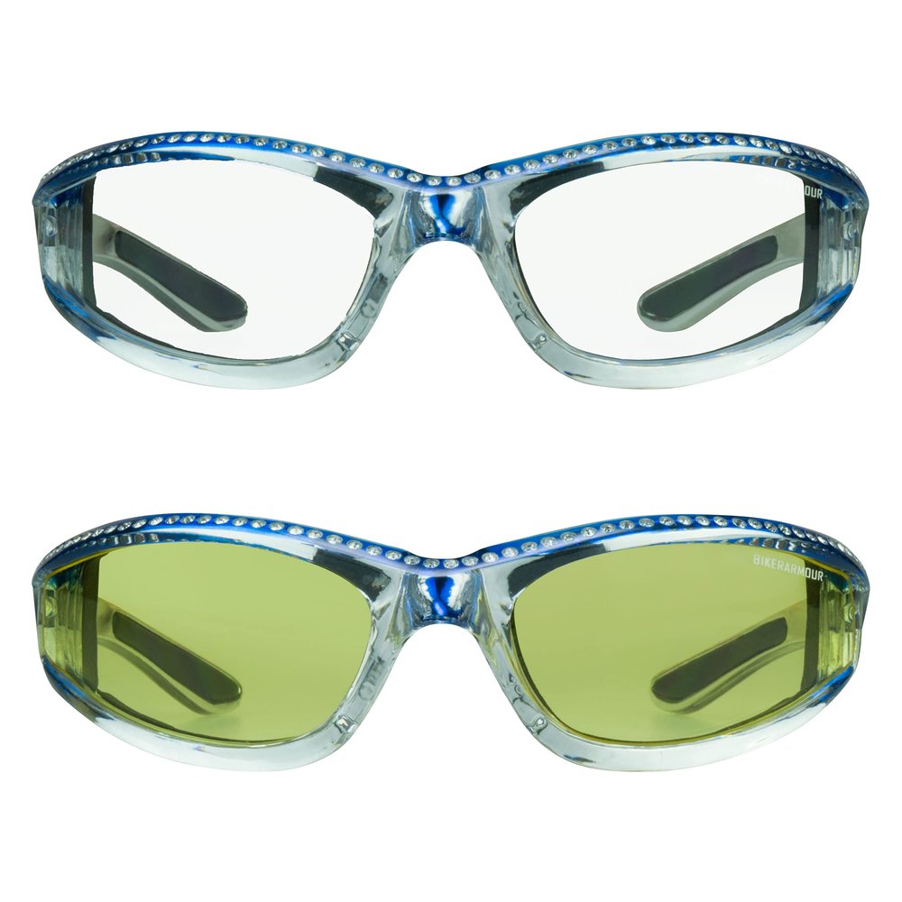 Bikershades Chrome Frame Anti Glare Mirrored Motorcycle Sunglasses with Rhinestones Foam Padded for Women (Blue Clear + Blue Yellow)