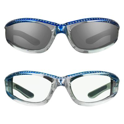 Bikershades Chrome Frame Anti Glare Mirrored Motorcycle Sunglasses with Rhinestones Foam Padded for Women (Blue Smoke + Blue Clear)