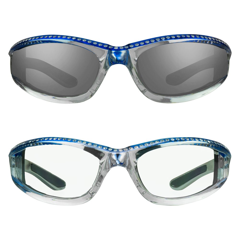 Bikershades Chrome Frame Anti Glare Mirrored Motorcycle Sunglasses with Rhinestones Foam Padded for Women (Blue Smoke + Blue Clear)
