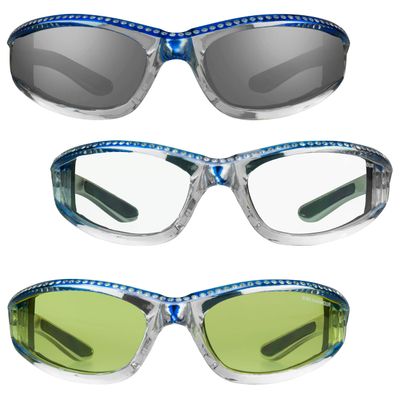 Bikershades Chrome Frame Anti Glare Mirrored Motorcycle Sunglasses with Rhinestones Foam Padded for Women (Blue Smoke + Blue Clear + Blue Yellow)