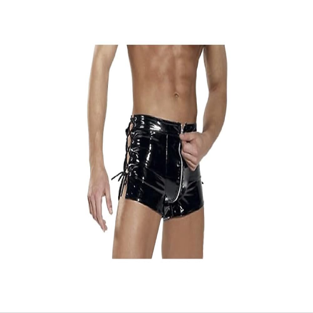 Sexy Men Lingerie Wild Male PVC Boxer Male Latex Shorts Faux Leather Brief Zipper Lace Up Costume (M) Black