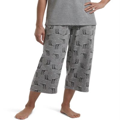 HUE Womens SleepWell Basic Printed Knit Performance Sleep Capri Pajama Pant, Made With Temperature Regulating Technology, Medium Grey Heather - Sweet Kitty, 2X