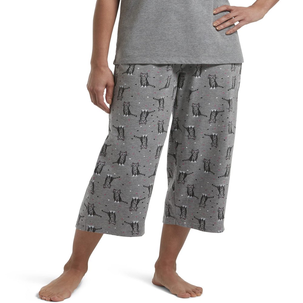 HUE Womens SleepWell Basic Printed Knit Performance Sleep Capri Pajama Pant, Made With Temperature Regulating Technology, Medium Grey Heather - Sweet Kitty, 2X