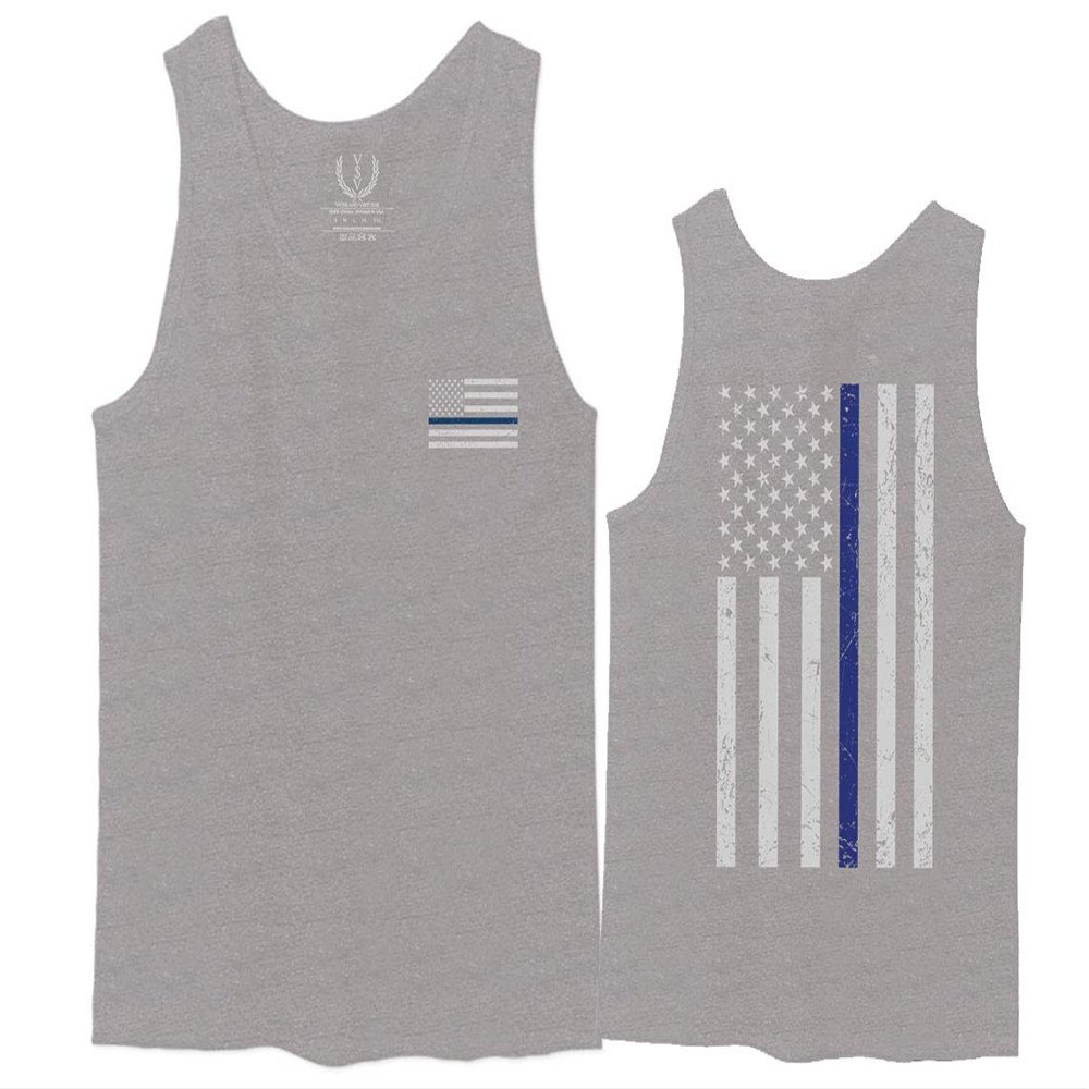0084. American Flag Thin Blue Line Police Lives Matter Support Patriotic NY Sheriff Men's Tank Top (Light Gray Small)