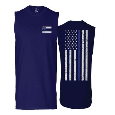 0084. American Flag Thin Blue Line Police Lives Matter Support Patriotic NY Sheriff Men's Muscle Tank Sleeveles t Shirt (Navy X Large)