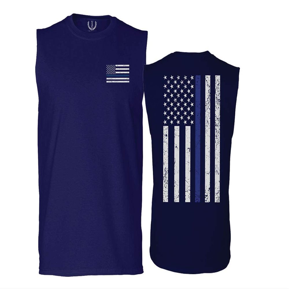 0084. American Flag Thin Blue Line Police Lives Matter Support Patriotic NY Sheriff Men's Muscle Tank Sleeveles t Shirt (Navy X Large)