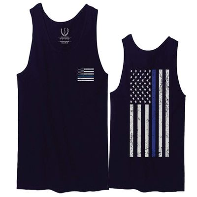 0084. American Flag Thin Blue Line Police Lives Matter Support Patriotic NY Sheriff Men's Tank Top (Navy Blue, X-Large)