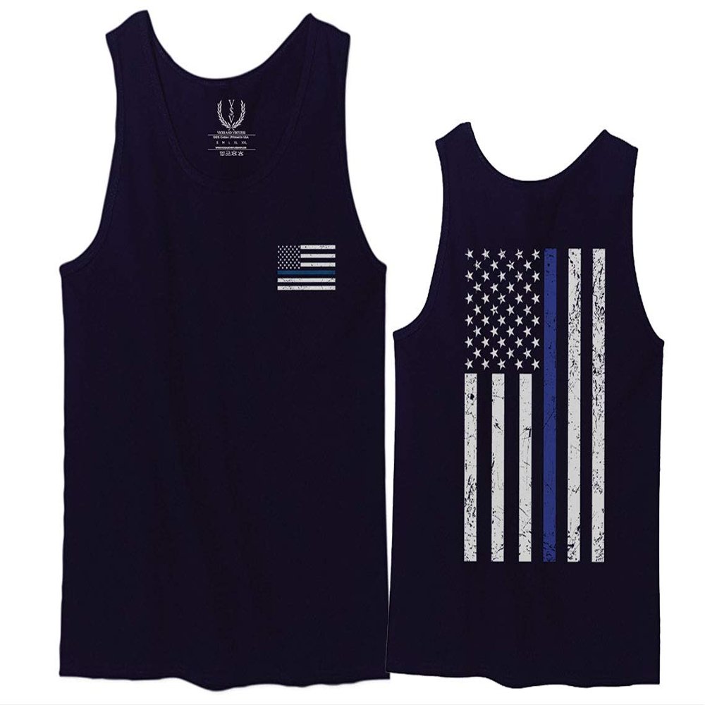 0084. American Flag Thin Blue Line Police Lives Matter Support Patriotic NY Sheriff Men's Tank Top (Navy Blue, X-Large)