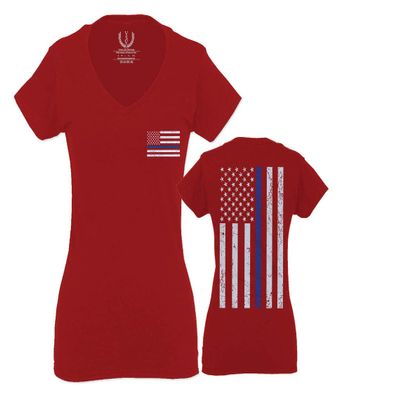0084. American Flag Thin Blue Line Police Lives Matter Support Patriotic NY Sheriff for Women V Neck Fitted T Shirt (Red, Medium)
