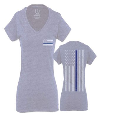 0084. American Flag Thin Blue Line Police Lives Matter Support Patriotic NY Sheriff for Women V Neck Fitted T Shirt (Light Gray Medium)