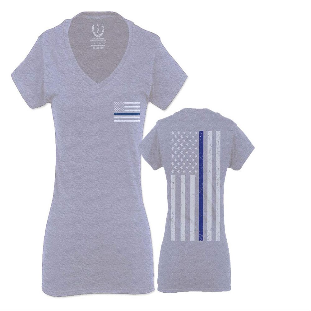 0084. American Flag Thin Blue Line Police Lives Matter Support Patriotic NY Sheriff for Women V Neck Fitted T Shirt (Light Gray Medium)