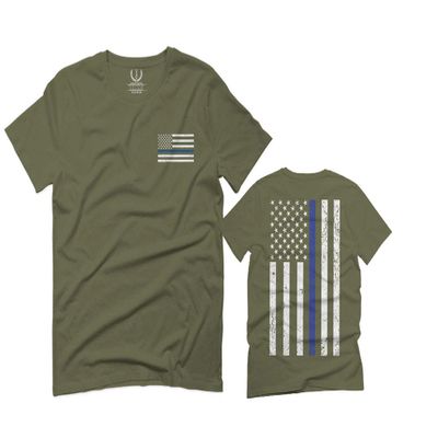0084. American Flag Thin Blue Line Police Lives Matter Support Patriotic NY Sheriff for Men T Shirt (Olive Green, Large)