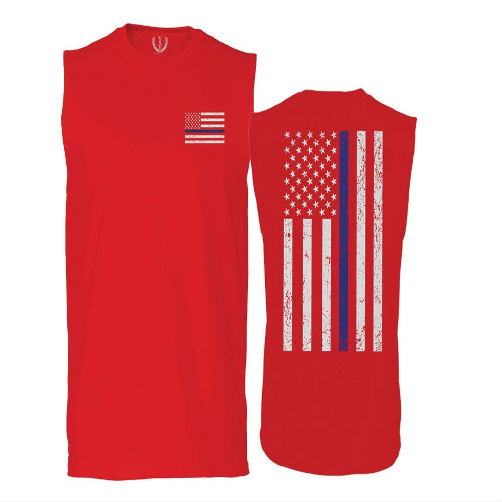 0084. American Flag Thin Blue Line Police Lives Matter Support Patriotic NY Sheriff Men's Muscle Tank Sleeveles t Shirt (Red Small)