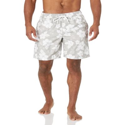 Amazon Essentials Men's 9" Swim Trunks with Mesh Lining, Pockets, Drawstring Closure, Grey Hibiscus Flower, XX-Large