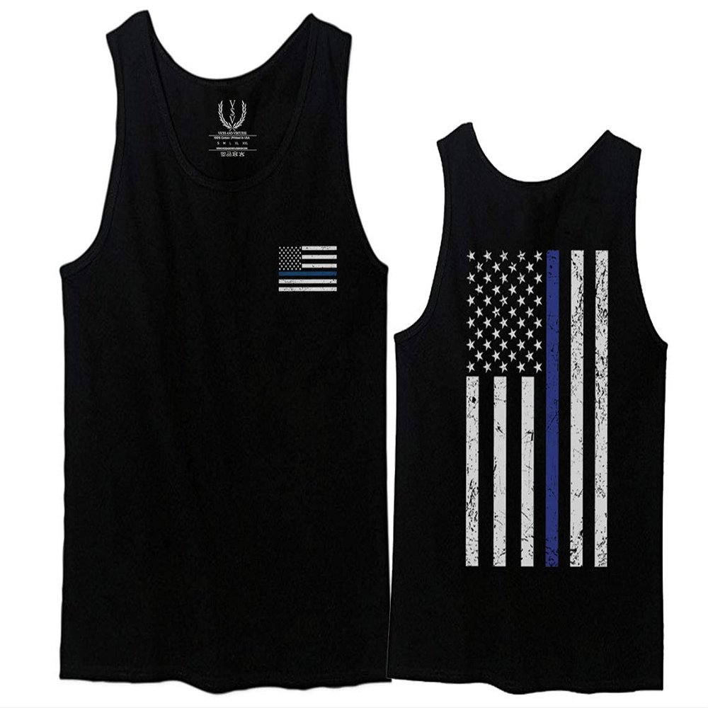 0084. American Flag Thin Blue Line Police Lives Matter Support Patriotic NY Sheriff Men's Tank Top (Black, 2X-Large)