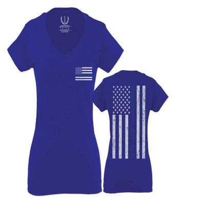 0084. American Flag Thin Blue Line Police Lives Matter Support Patriotic NY Sheriff for Women V Neck Fitted T Shirt (Royal Small)