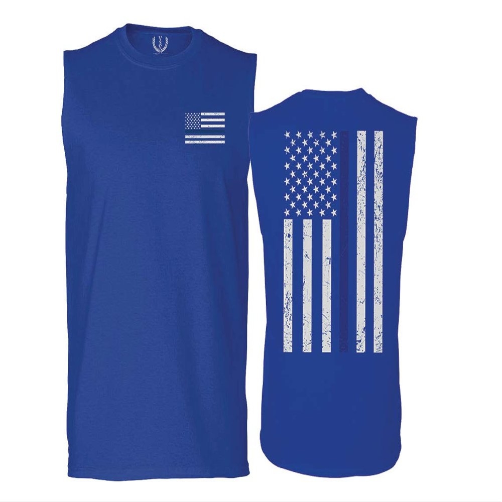 0084. American Flag Thin Blue Line Police Lives Matter Support Patriotic NY Sheriff Men's Muscle Tank Sleeveles t Shirt (Royal X Large)
