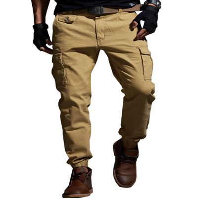 Yollmart Men Multi Pockets Cargo Pants Casual Slim Fit Combat Work Trousers-khaki-33