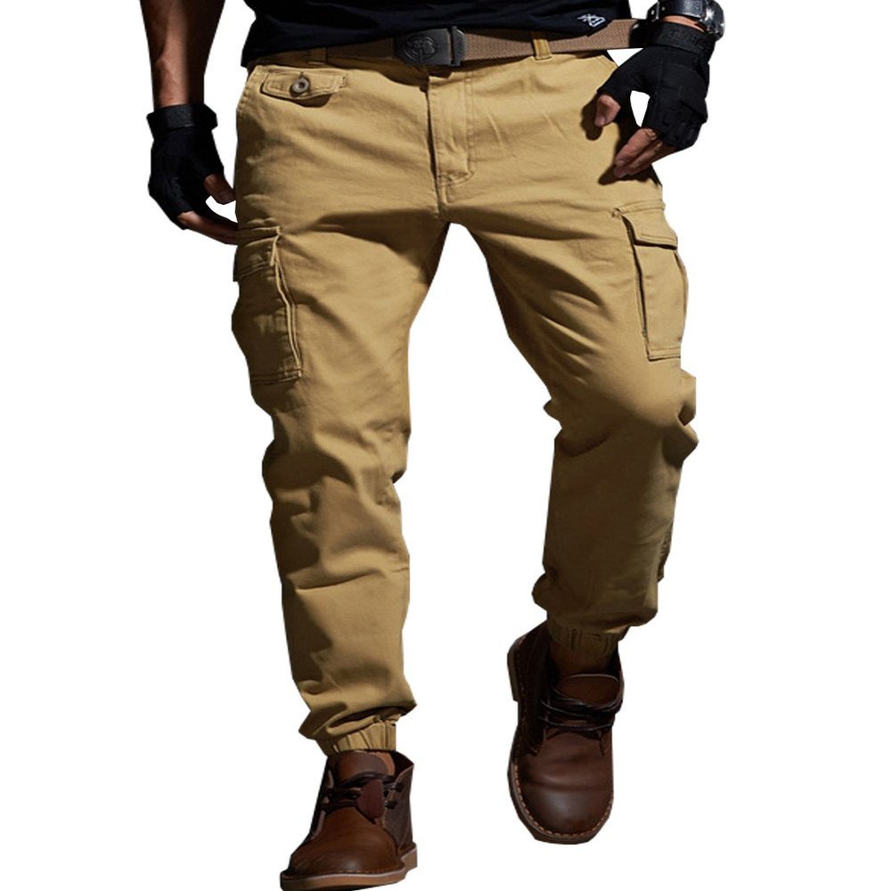 Yollmart Men Multi Pockets Cargo Pants Casual Slim Fit Combat Work Trousers-khaki-33
