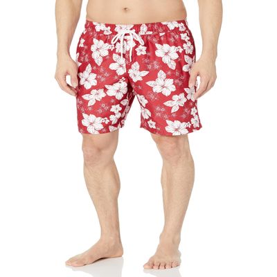 Amazon Essentials Men's 9" Swim Trunks with Mesh Lining, Pockets, Drawstring Closure, Red Hibiscus Flower, X-Large