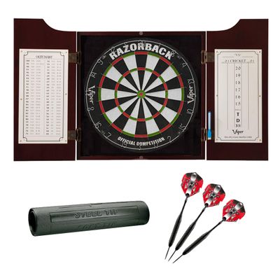Viper Viper Razorback Sisal/Bristle Dartboard with 22 Gram Steel Tip Darts, Hudson Dartboard Cabinet & Padded Dart Mat, Black