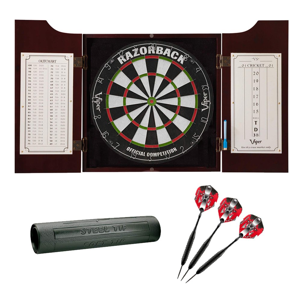 Viper Viper Razorback Sisal/Bristle Dartboard with 22 Gram Steel Tip Darts, Hudson Dartboard Cabinet & Padded Dart Mat, Black