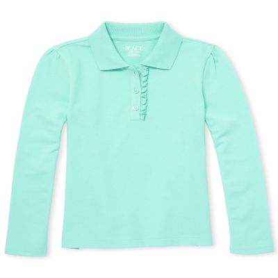 The Children's Place Girls' Long Sleeve Ruffle Pique Polo, Seafrost Single, X-Small