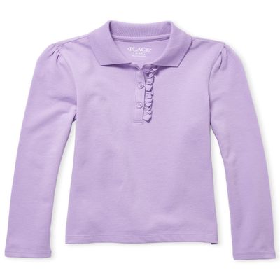 The Children's Place Girls' Long Sleeve Ruffle Pique Polo, Purple Prose Single, X-Large