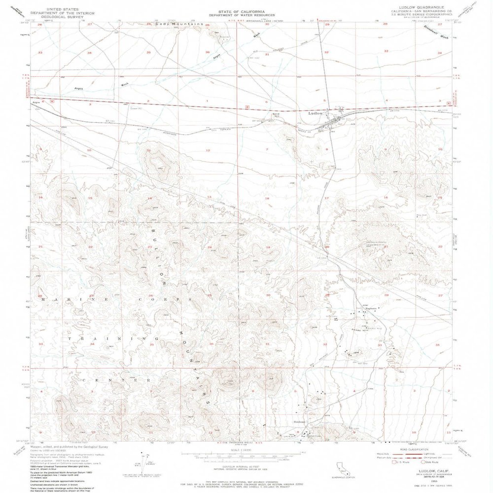 Ludlow CA topo map, 1:24000 Scale, 7.5 X 7.5 Minute, Historical, 1955, Updated 1985, 26.8 x 22 in - Tyvek
