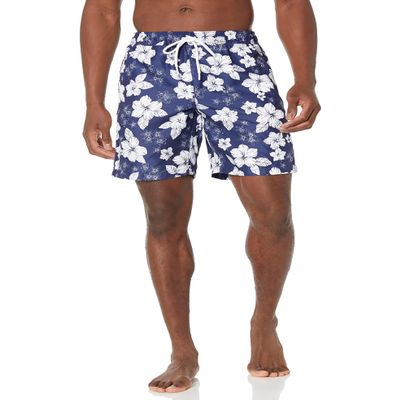 Amazon Essentials Men's 9" Swim Trunks with Mesh Lining, Pockets, Drawstring Closure, Navy Hibiscus Flower, XX-Large