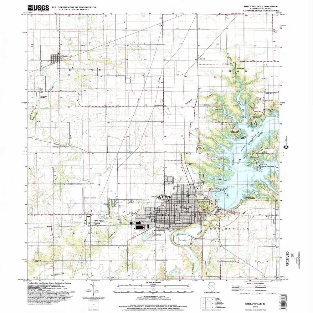 YellowMaps Shelbyville IL topo map, 1:24000 Scale, 7.5 X 7.5 Minute, Historical, 1998, Updated 2002, 26.9 x 22 in - Tyvek